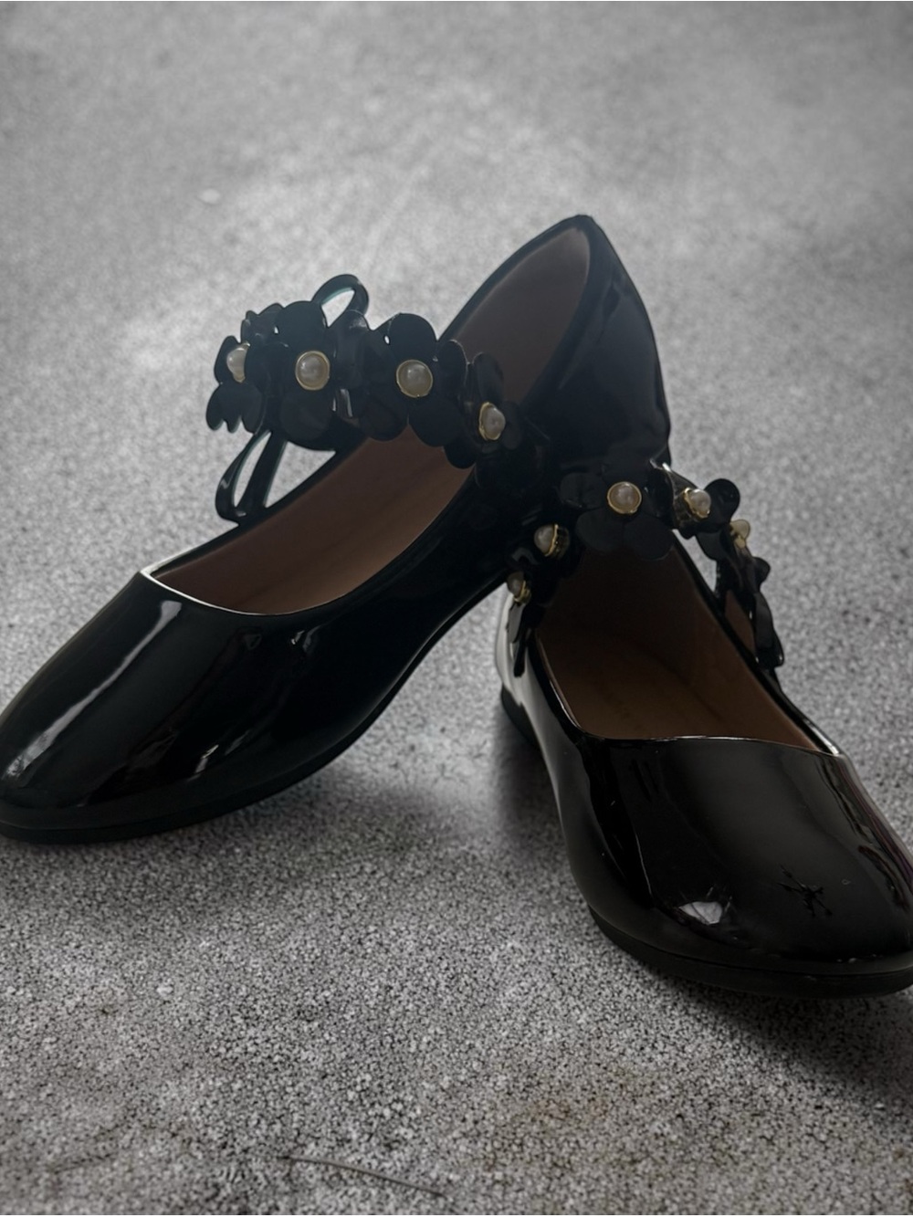 Black Patent Mary Jane Flats with Floral Pearl Strap